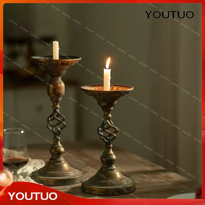 American Antique Old Candle Holder for Restaurant Romantic Decorative Props Candle Light Dinner Ornament Medieval Style