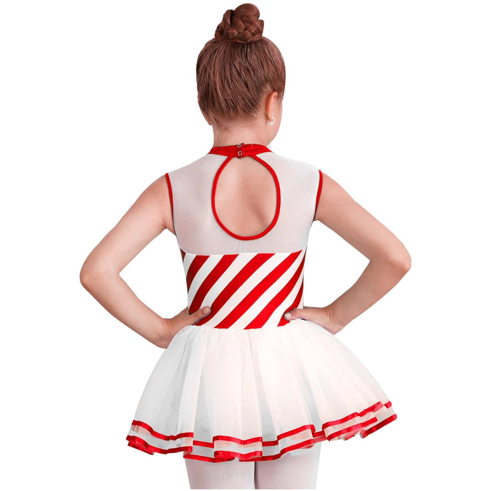 Kids Girls Christmas Ballet Tutu Dress Xmas Striped Candy Cane Costume Gymnastics Leotard Figure Skating Performance Dancewear