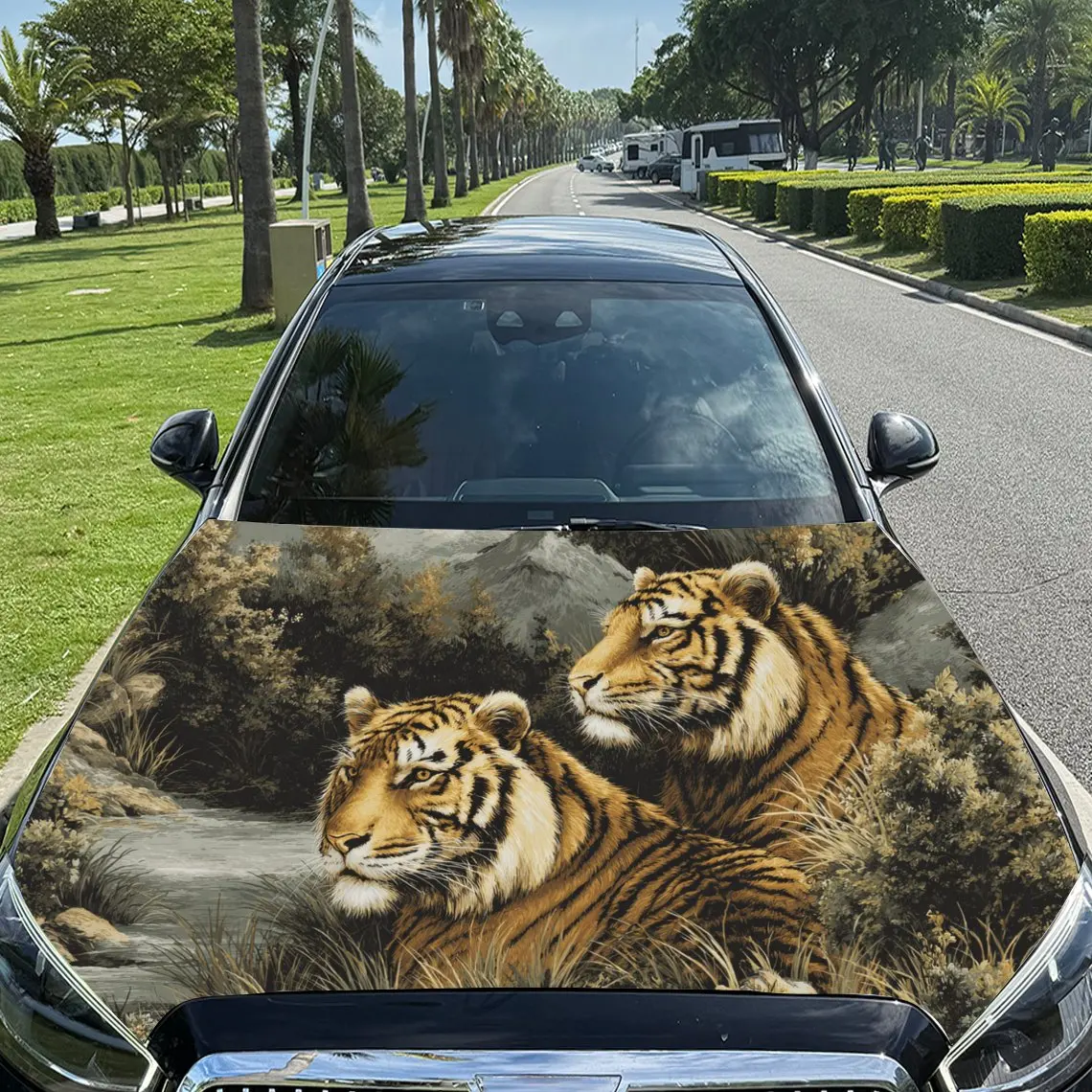 Car Decal Two Tigers in Artistic Background with Textural Details & Fierce-Dynamic Visual Details Car Hood Sticker, Waterproof S