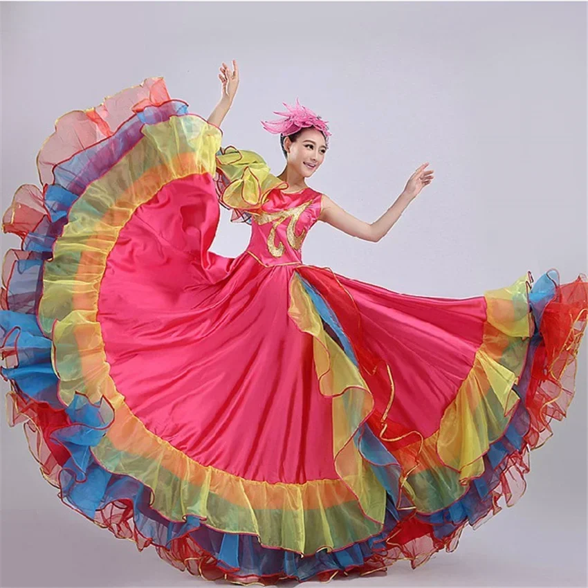 New Women Spain Dress Flamenco Skirts Dance Costumes Spanish Gypsy Skirt Bigdance Flower Chorus Stage Performance Wear for Woman