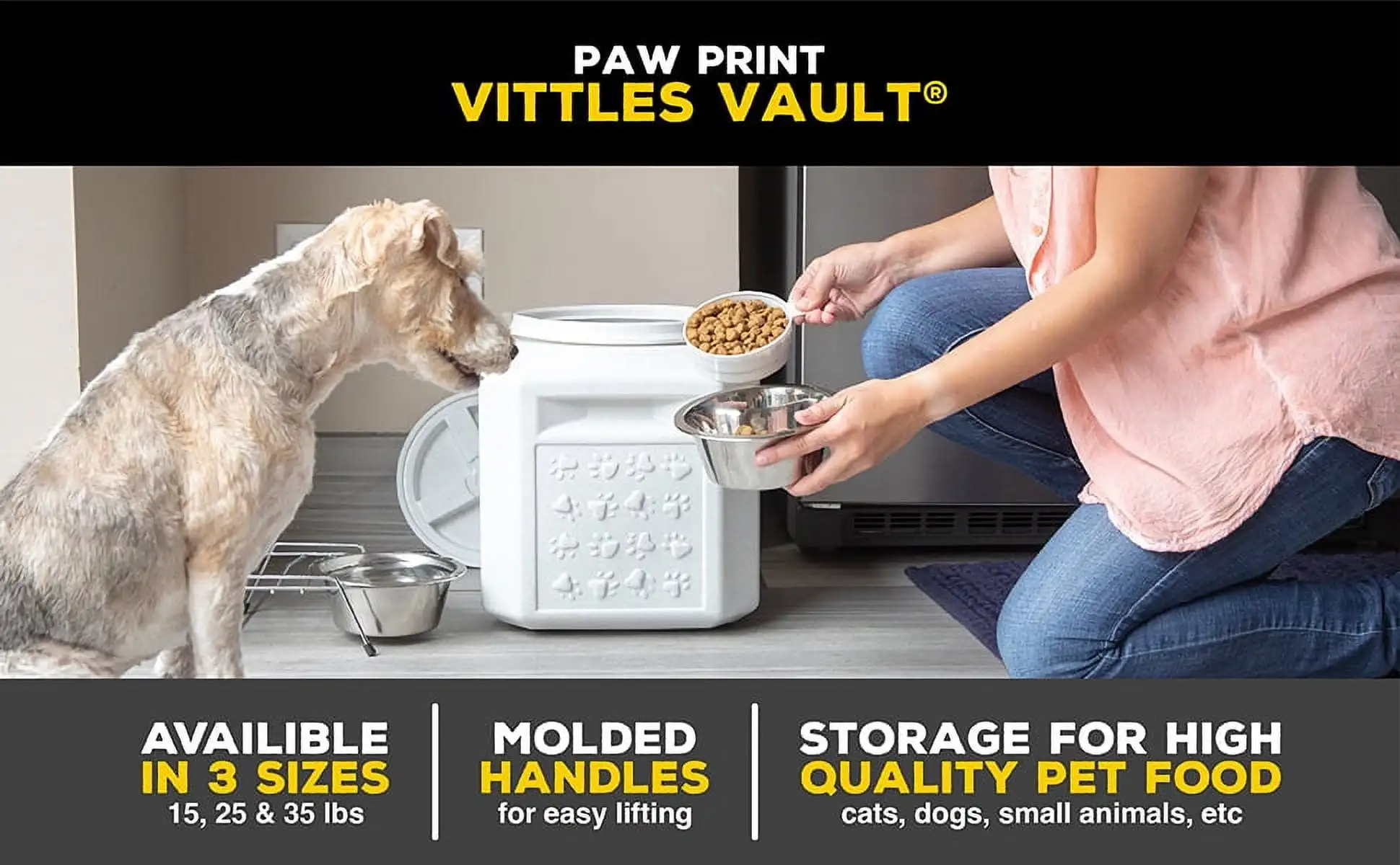 Contenedor de plástico para almacenamiento de alimentos de mascotas, contenedor de plástico con capacidad de 25 libras, modelo Gamma2 Vittles Vault Outback Pawprint, color gris