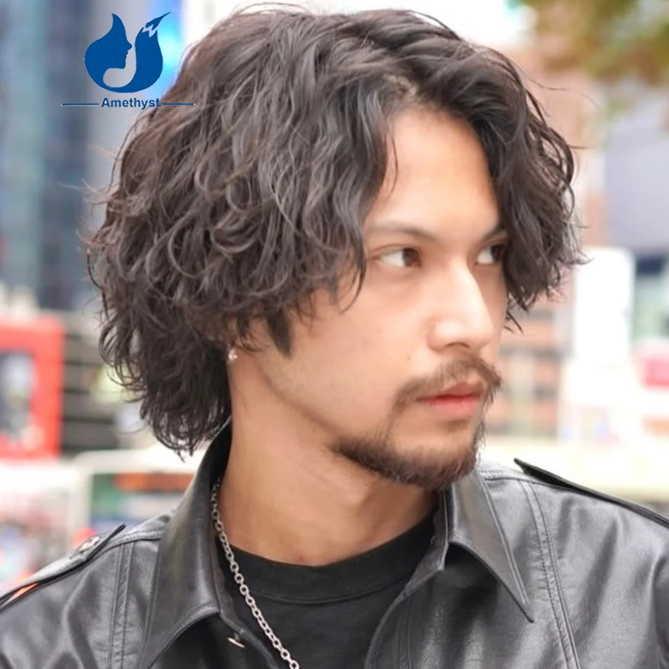 Amethyst Wavy Curly Wolf Cutวิกผมผู้ชายPreสไตล์Remyมนุษย์ผมสั้นBob 13X6 ลูกไม้ด้านหน้าวิกผมPre Pluckedชายเปลี่ยน