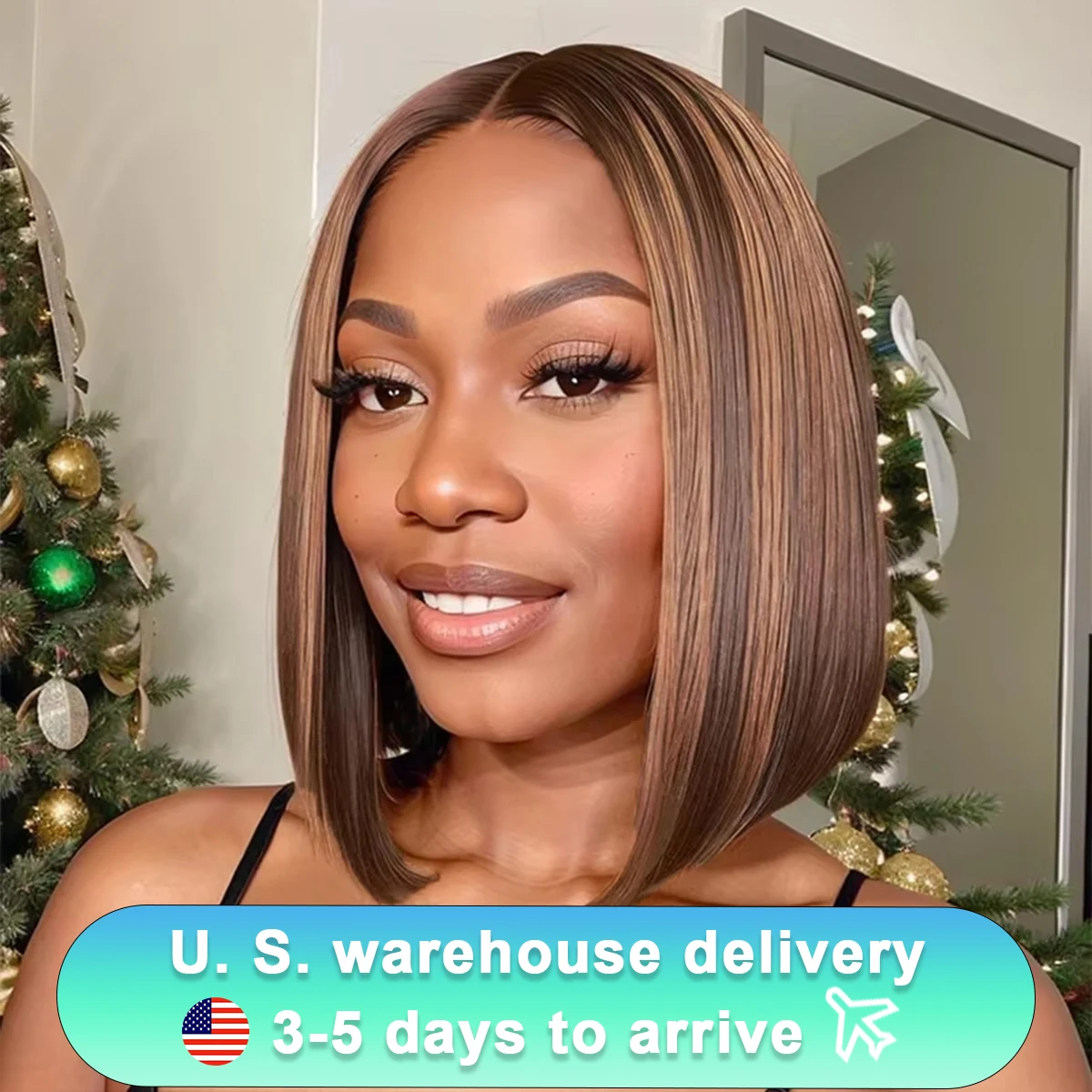 Perruque Bob Lace Front Wig naturelle Remy lisse ombrée, 13x4, 4/27 de densité, pre-plucked, avec reflets, transparente, 100%