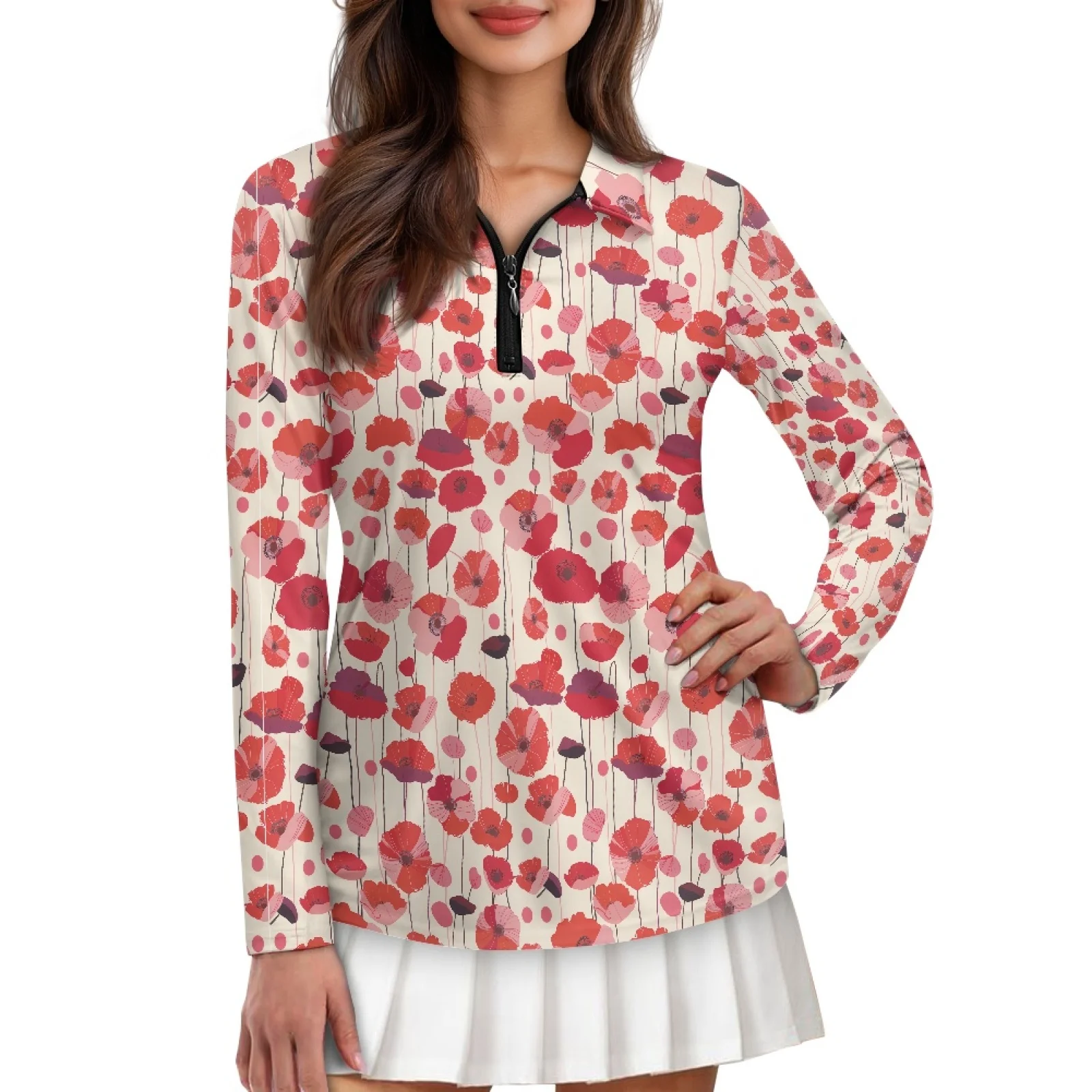 PENSTROLL Red Poppy Womens Quarter Zip Running Polo Shirts Comfortable Golf Tops for Hiking