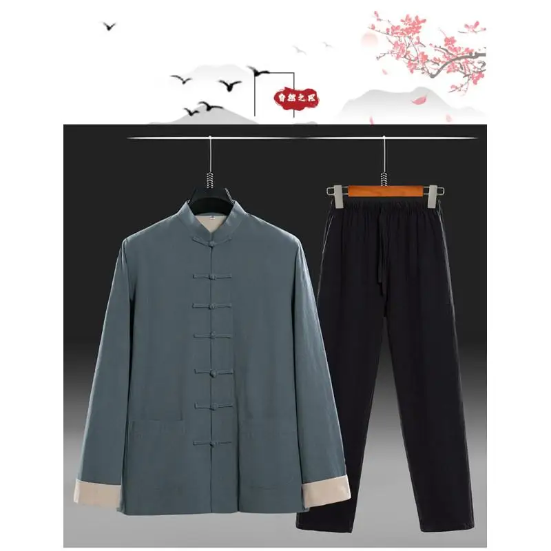 

High-quality men's fashionable, cool and casual Chinese-style Tang suit double-layer cotton and linen men's set