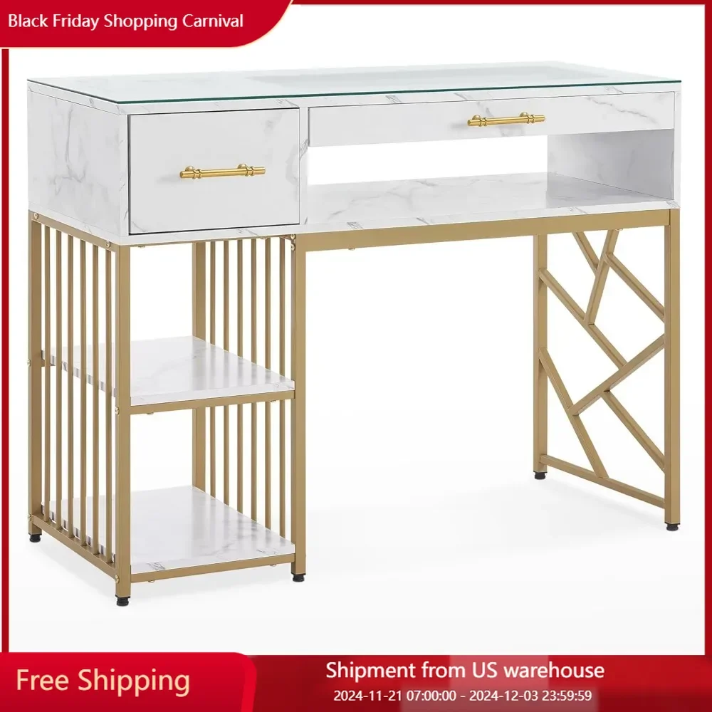 

Modern Manicure Table with Drawers, Marbling Texture Nail Desk with Storage Shelves, Glass Top, Beauty Salon Nail Station