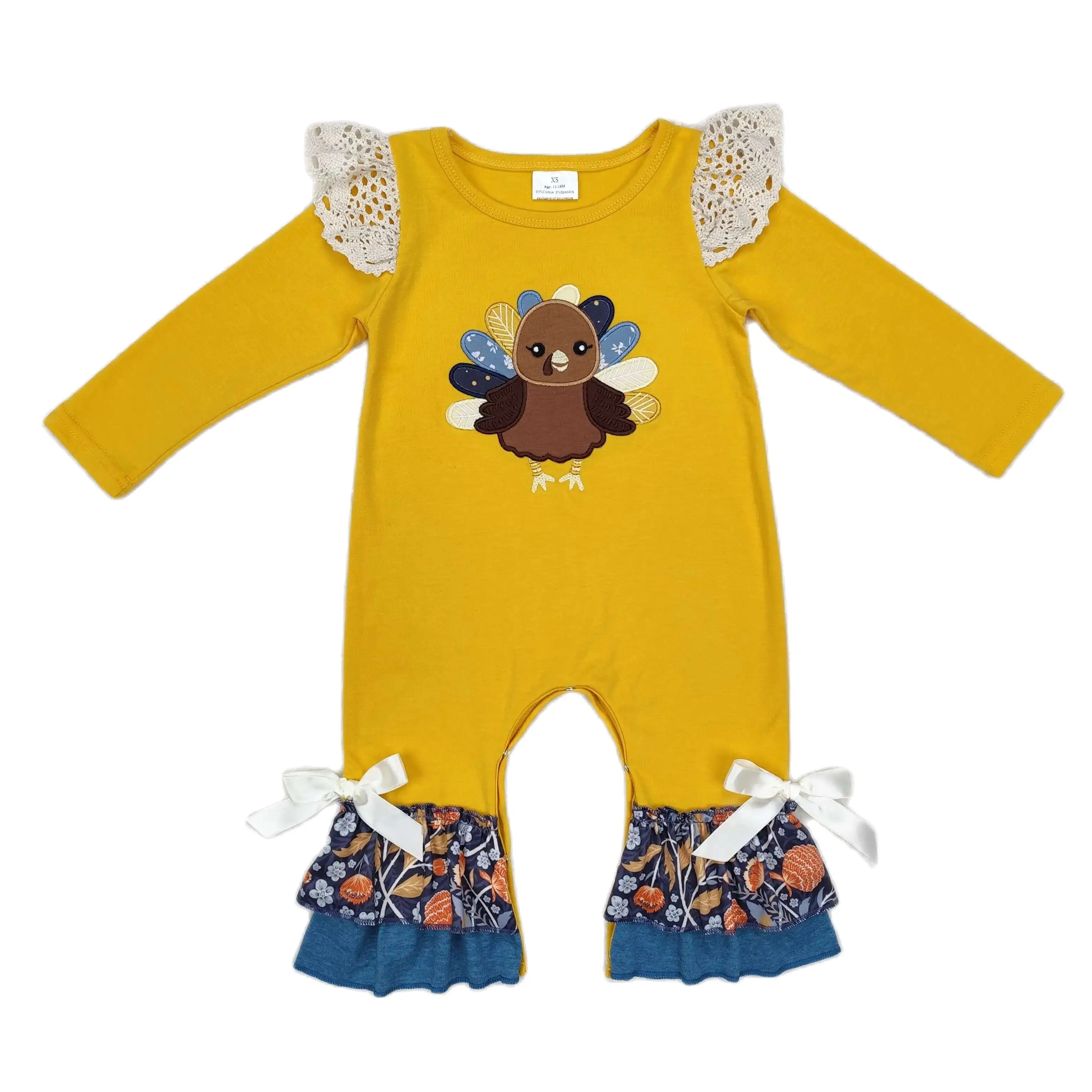 

Wholesale Baby Girl Newborn Embroidery Turkey Long Sleeves Jumpsuit Kids Children Infant Yellow Toddler Buttons Ruffle Romper