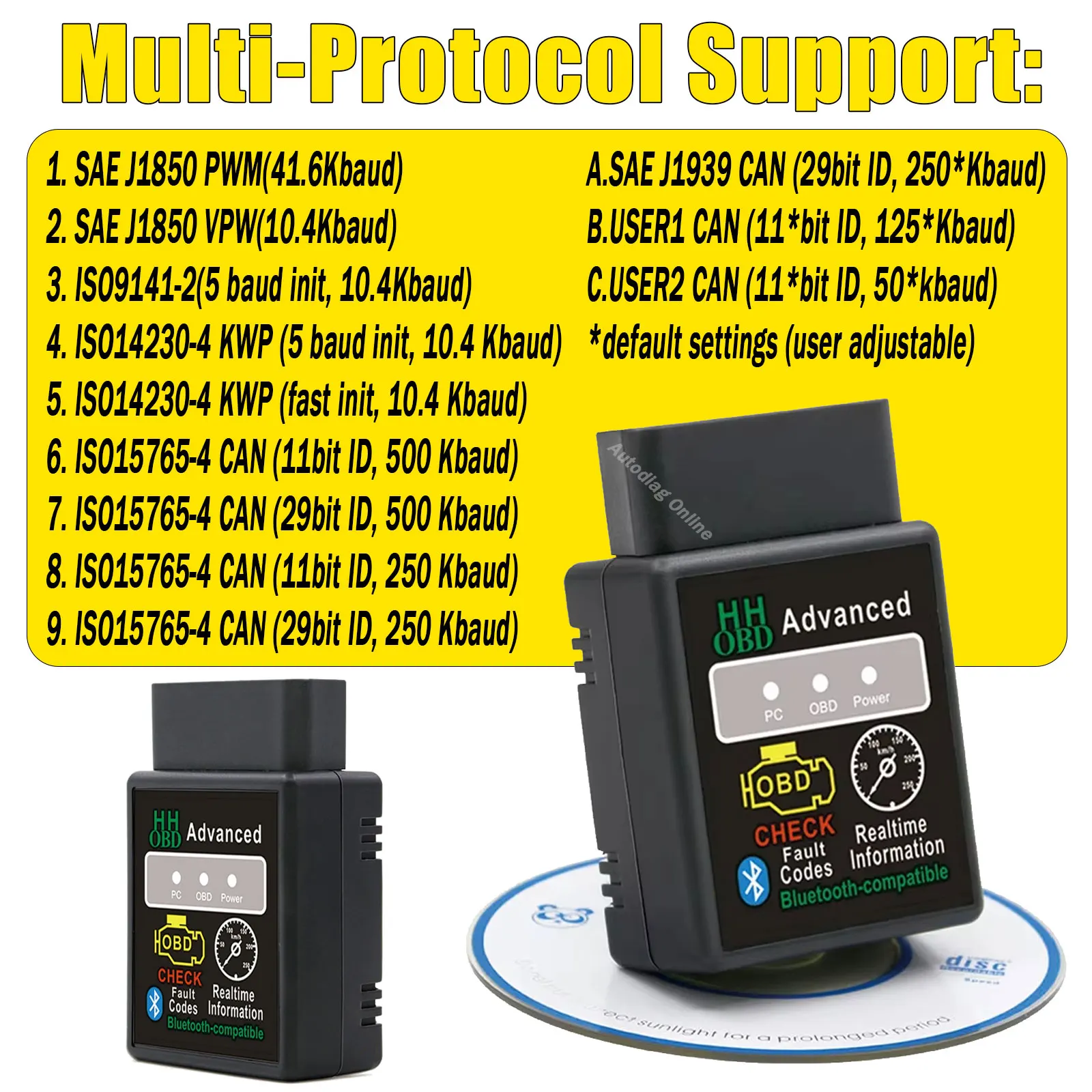 ELM327 V1.5 Bluetooth Scanner OBD2 Diagnostic Scanner Code Reader 16Pin OBD2 Interface Adapter 12V Auto Engine Tester Scanner