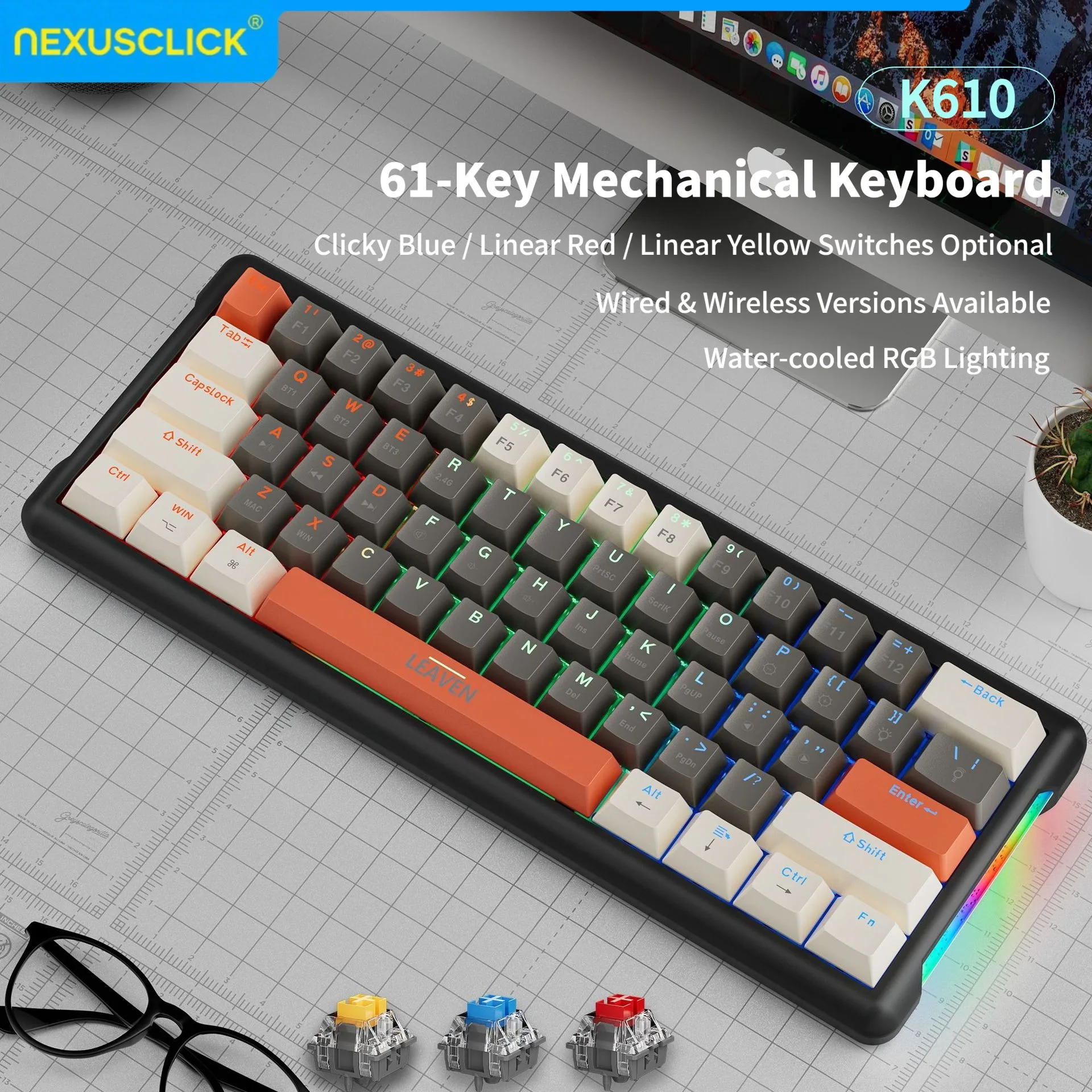 NexusClick 61 Keys Red Switch Mechanical Keyboard,Hot Swappable RGB Backlit 60% Stylish Esports Gaming Keyboard for PC/Mac Work