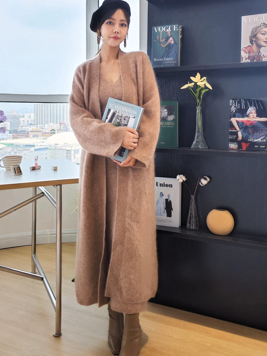 

Thiened осенне-зимний свитер Mason Camere, комплект с поясом, открытый кардиган средней длины, верхняя одежда, свободный крой, женская мода