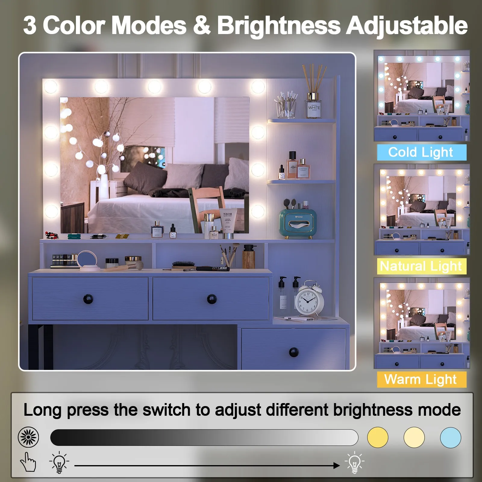 Tocador de maquillaje, escritorio de tocador de maquillaje blanco moderno con 5 cajones y 10 espejos LED para dormitorio