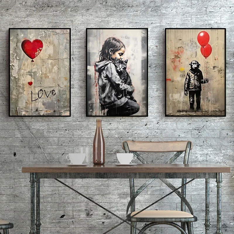 جديد بانكسي الفن فتاة صغيرة وصبي زوجين الملاك الحب الكتابة على الجدران الملصقات Canva يطبع لطيف الشارع صور فنية للجدران للديكور المنزل #4