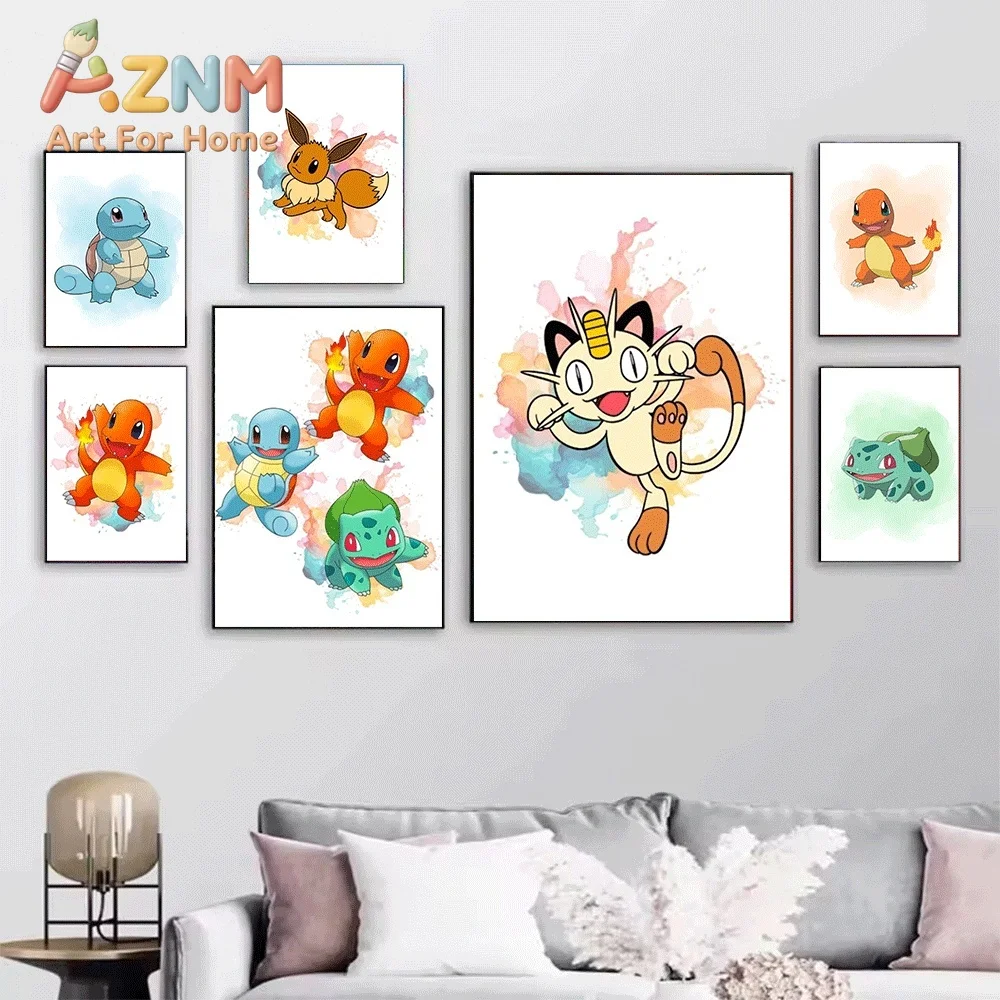 2D Flat Posters & Prints,Charizard Watercolor Splash Canvas Wall Art,2D Flat Frameless Anime Monster Print,Home Decor for Kids