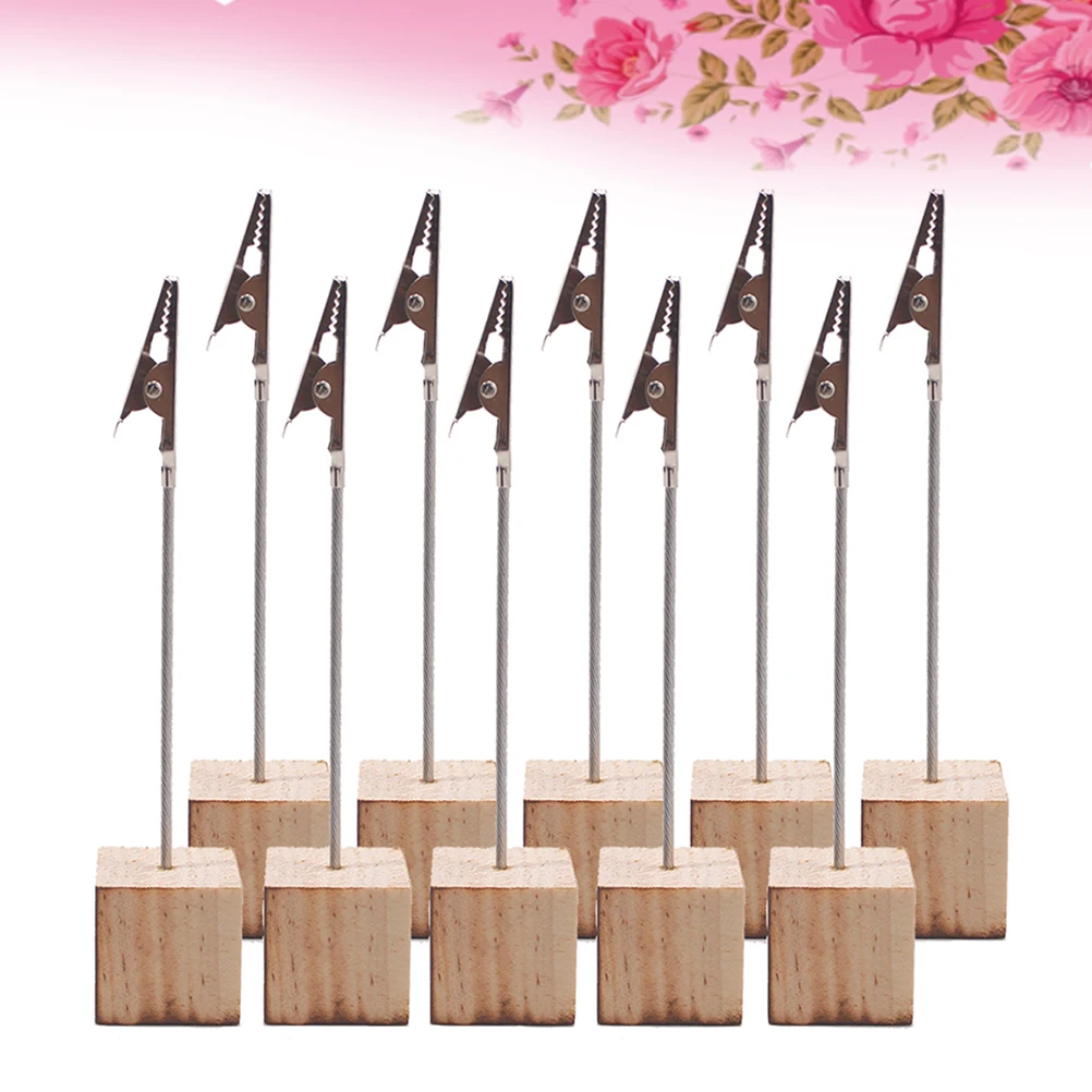 10 Pcs Wooden Card Holder Table Number Place Photo Paper Menu Clips Beige Wedding Party Home Office Decor Cube Base Display Name