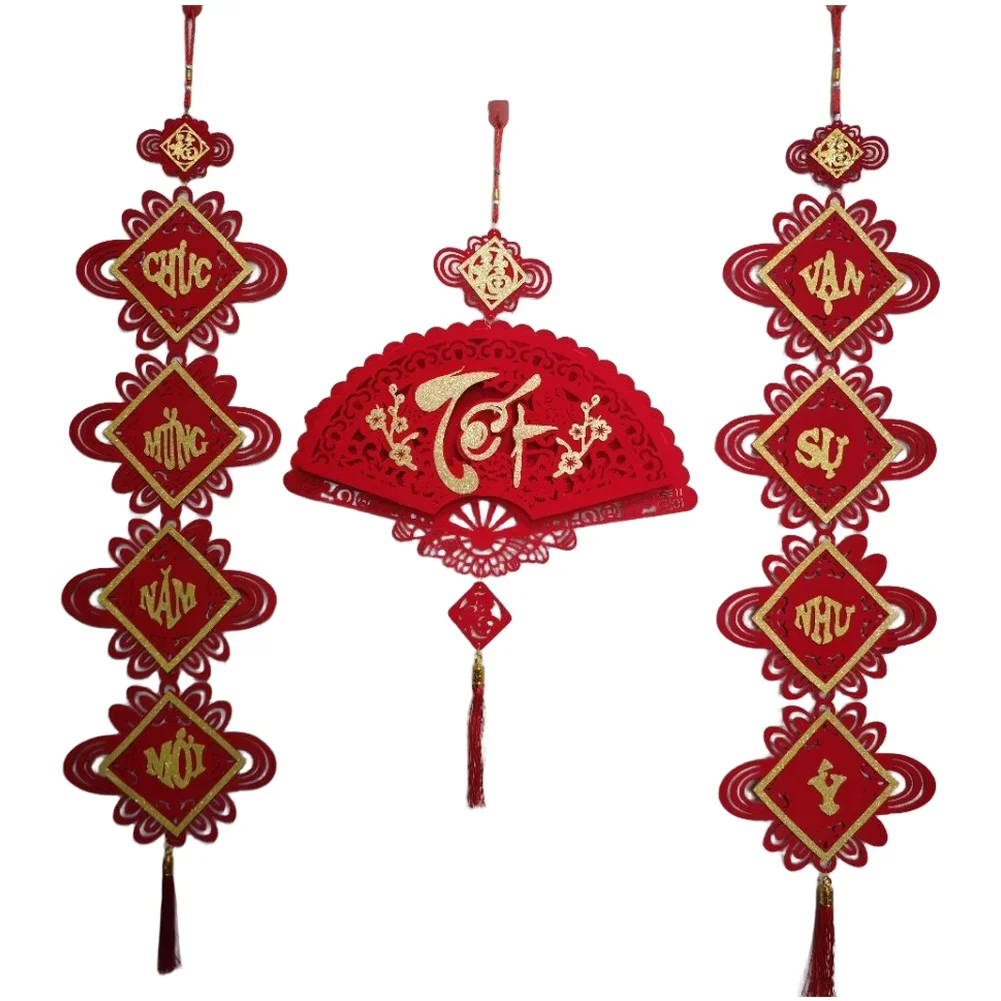Vietnamese Tet Fan Shaped Hanging Ornament In Flannel Felt Material With Traditional Text For Lunar New Year And Spring Festival