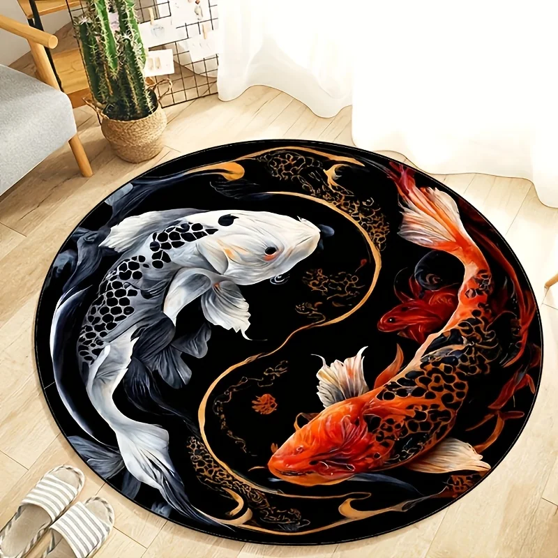 3D Yin Yang Koi Fish Round Rug – Crystal Velvet Soft Mat for Living Room, Bedroom & Chair – Home Decor Gift