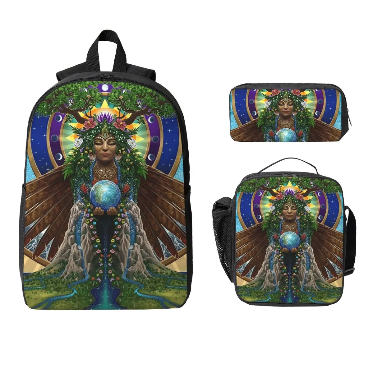 Gaia Sacred System Backpack Student BookBag School Bag Laptop Shoulder Bags 3ps Insulated Lunch Bag Pencil Case
