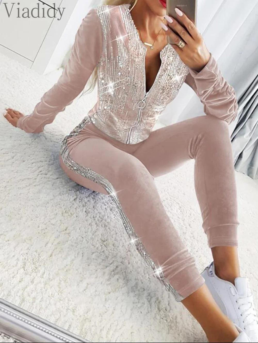 Women Casual Solid Color Velvet Contrast Sequin Zipper Design Long Sleeve Coat and Pants 2pcs Set