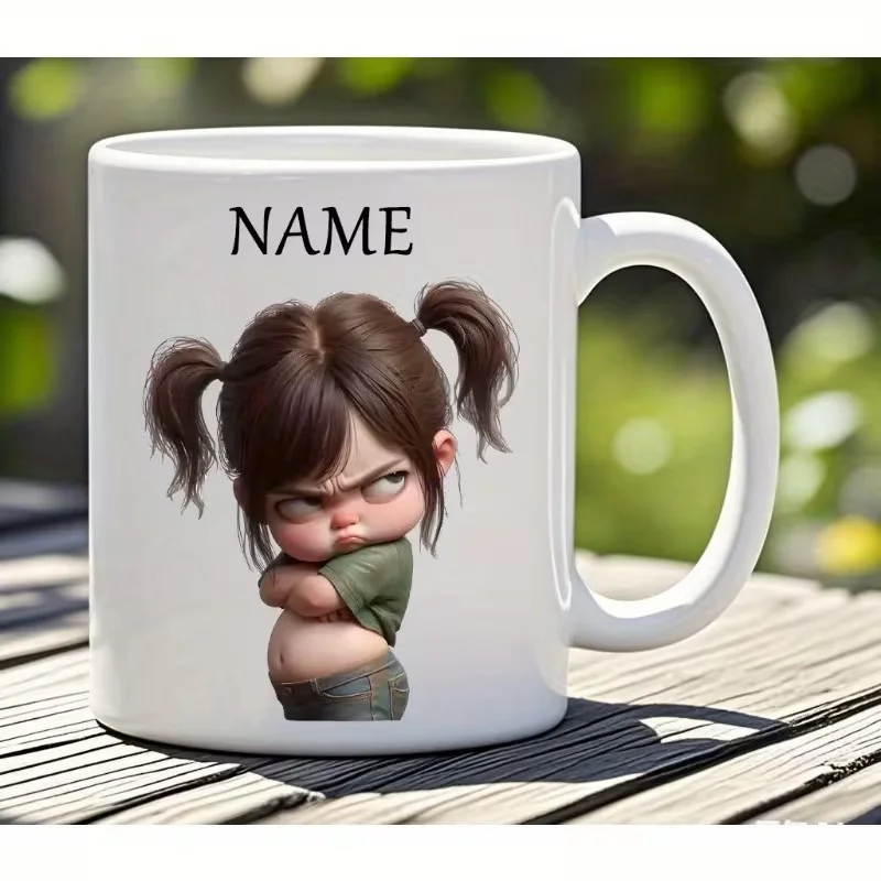 1pc 11oz Custom Ceramic Coffee Mug With Angry Girl Pattern, Personalized Text & Name, Ideal Gift for Friends