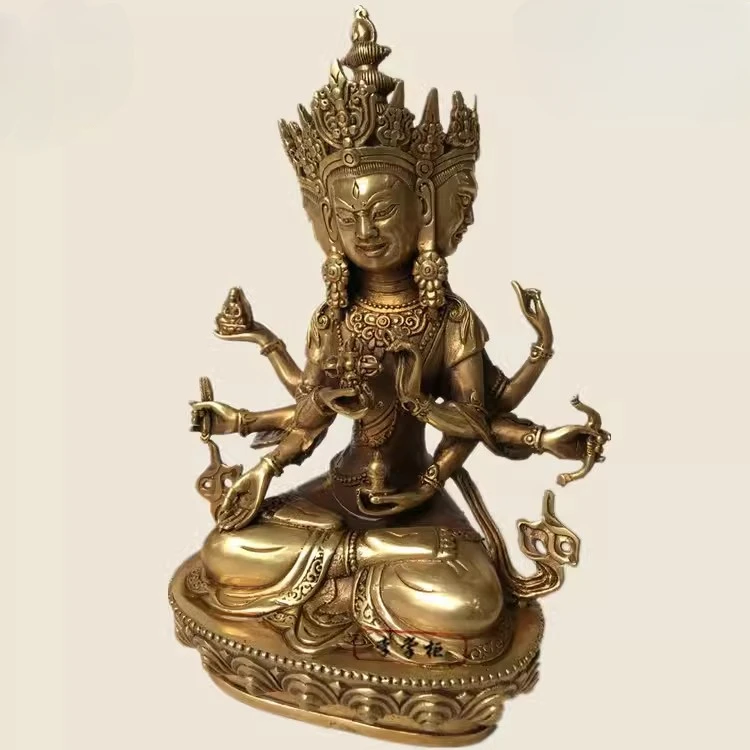 22cm Nepalese Tibetan brass Namgyalma Buddha three sides and eight arms Buddha statue ornament