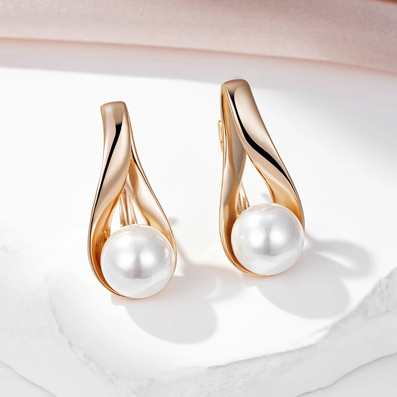 SYOUJYO Vintage Pearl Drop Earrings For Women 585 Rose Gold Color Bride Wedding Elegant Jewelry Memorial Day Gift