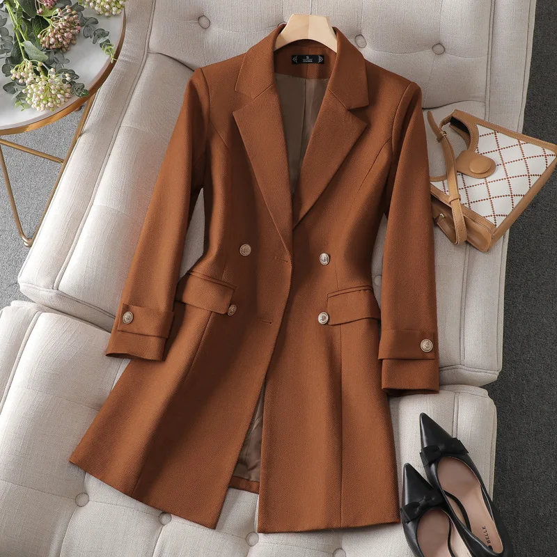 New Women Formal Blazer Coat Autumn Winter Jacket Female Double Button Office Coat Ladies Work Wear Mid Long Blazer Outerwear