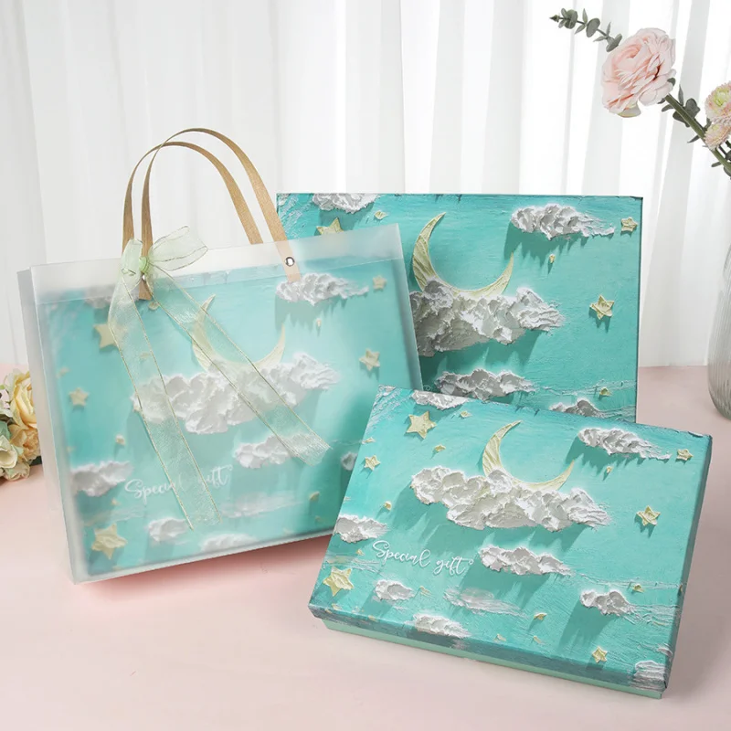 

2025 New Oil Painting Cardboard Light Luxury Sky Blue Dress Cosmetic Scarf Gift Packaging Box Case Photo Frame