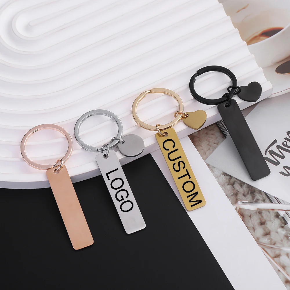 

New Style Rectangular Hang Tag Custom Logo Name Key Ring Stainless Steel Keychain Engraved Laser Advertising Gift