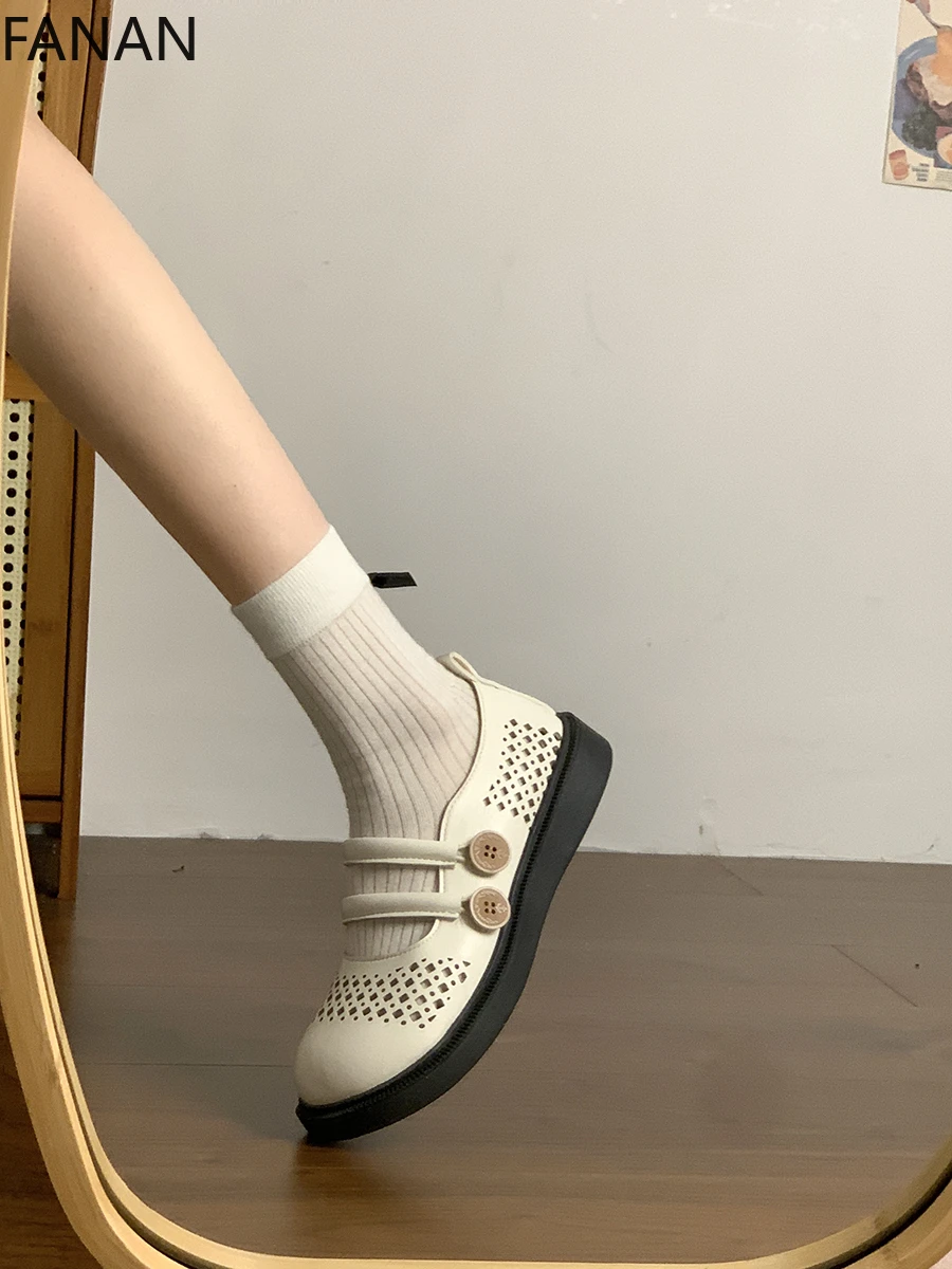 Mary Jane Shoes Retro Women Platform Sandals Hollow Flat Low Heel Shoes Summer 2025 New Original Casual Breathable Sandals