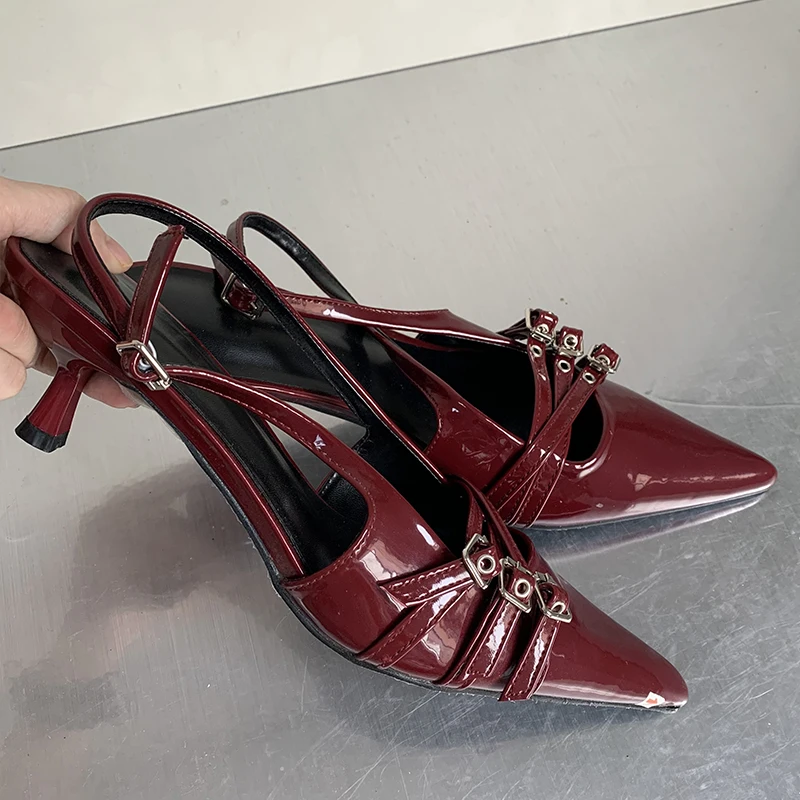 Ladies High Heels Slides Shoes Sandals Fashion Women Thin Heels Shoes Buckle Strap Career Shallow Female Pumps Wine Red Footwear