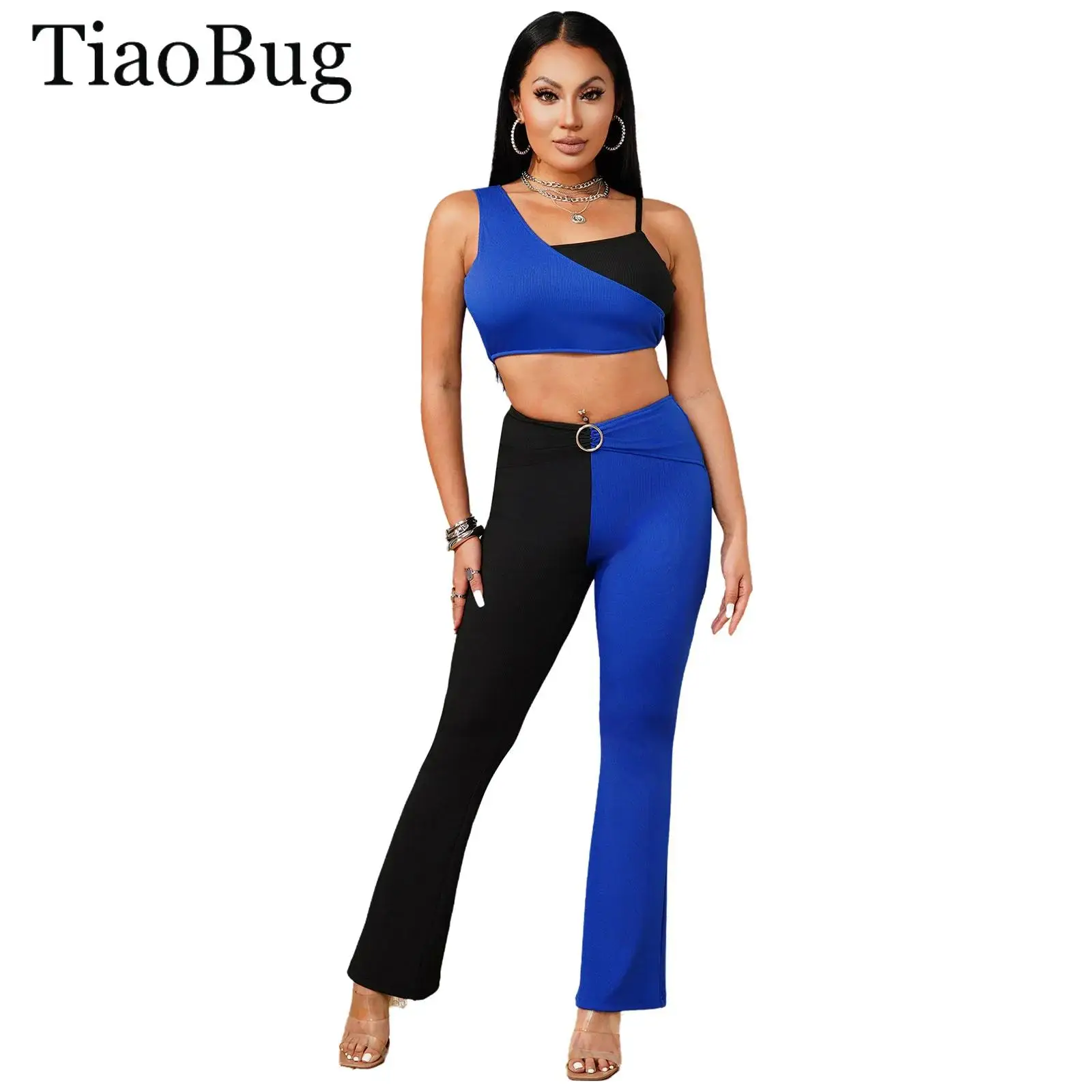 Women Two-piece Color-blocked Ribbed Outfit Asymmetrical Straps Padded Crop Top with Ruched High Waist Flared Pants Set Clubwear