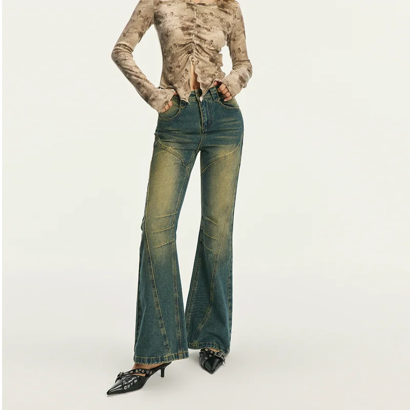 

High Waist Vintage Waed adual Color Wide Leg Denim Pants Women's Early Autumn Spicy Micro Flared Pants Loose Fit Ladies
