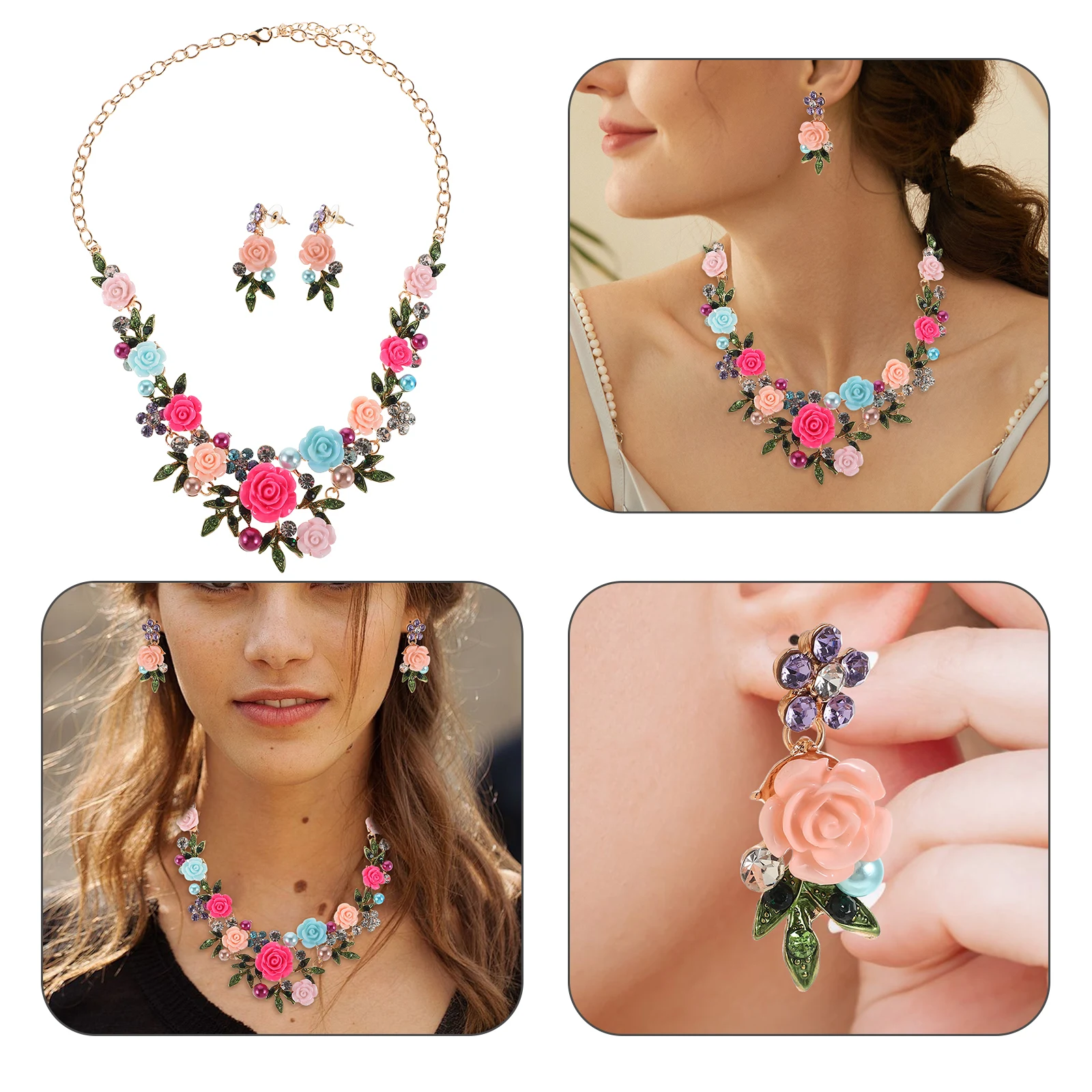 

1 set Inspired Jewelry Set Pearl Necklace Earrings Women Floral Leaf Charm Choker Bracelet Wedding Accessories