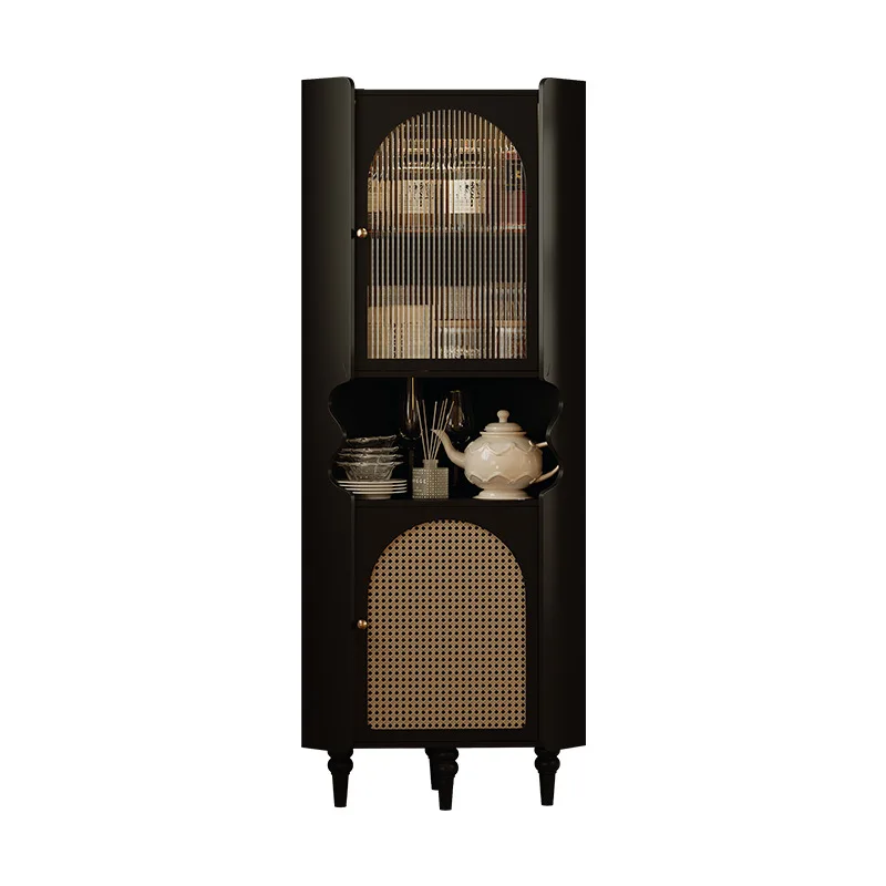 

French retro solid wood rattan corner cabinet bedroom triangle rack corner wine cabinet