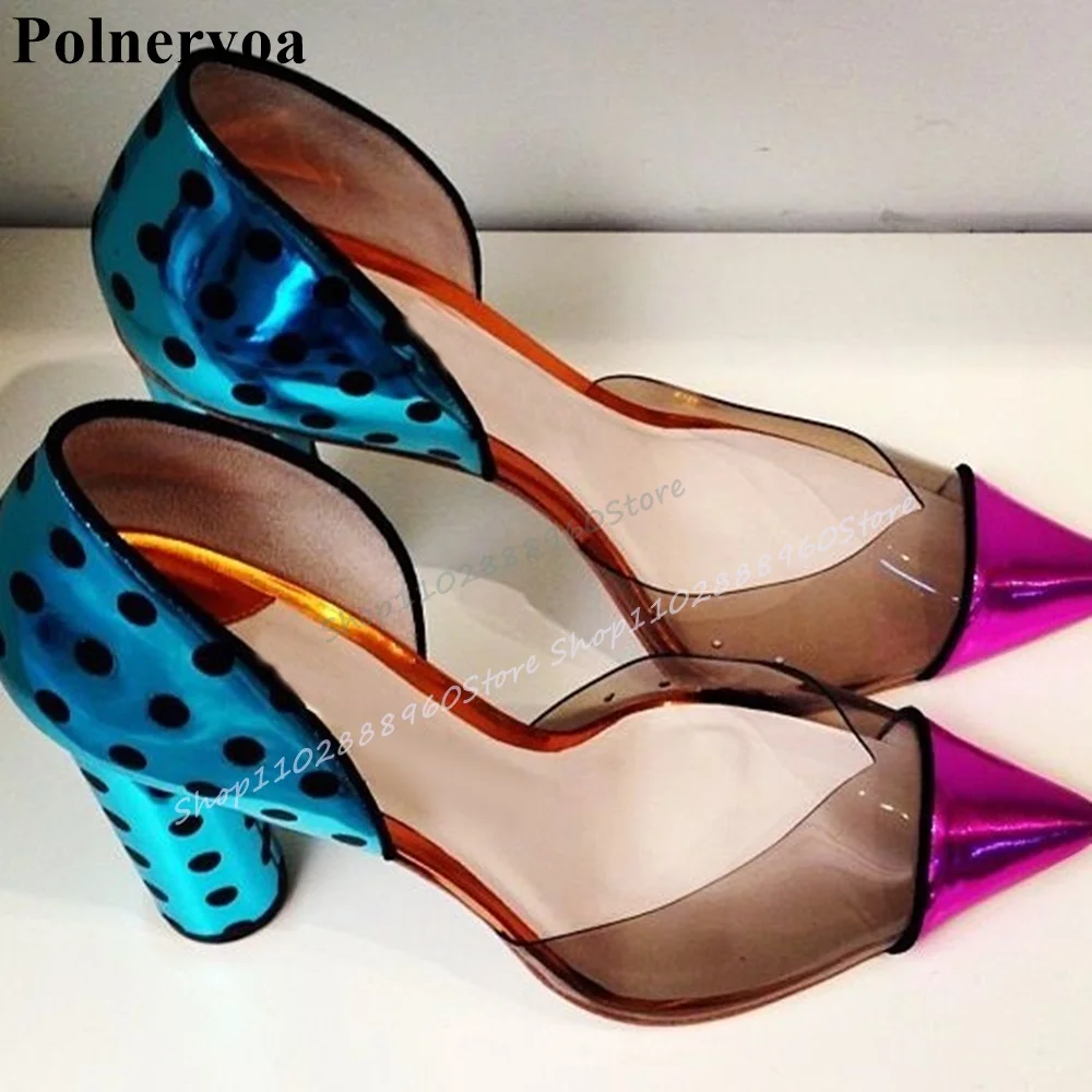 

Splicing Mixed Metallic Dot PVC Pumps Chunky High Heel Shoes For Women Slip On Pointed Toe 2025 Fashionable Zapatos Para Mujere
