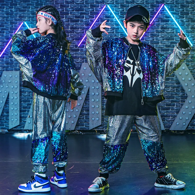 Odzież dziecięca Garnitur Zestaw perkusyjny Chłopcy Cekiny Srebrny Walkout Hip-Hop Street Dance Dziewczyny Ubrania Modny garnitur