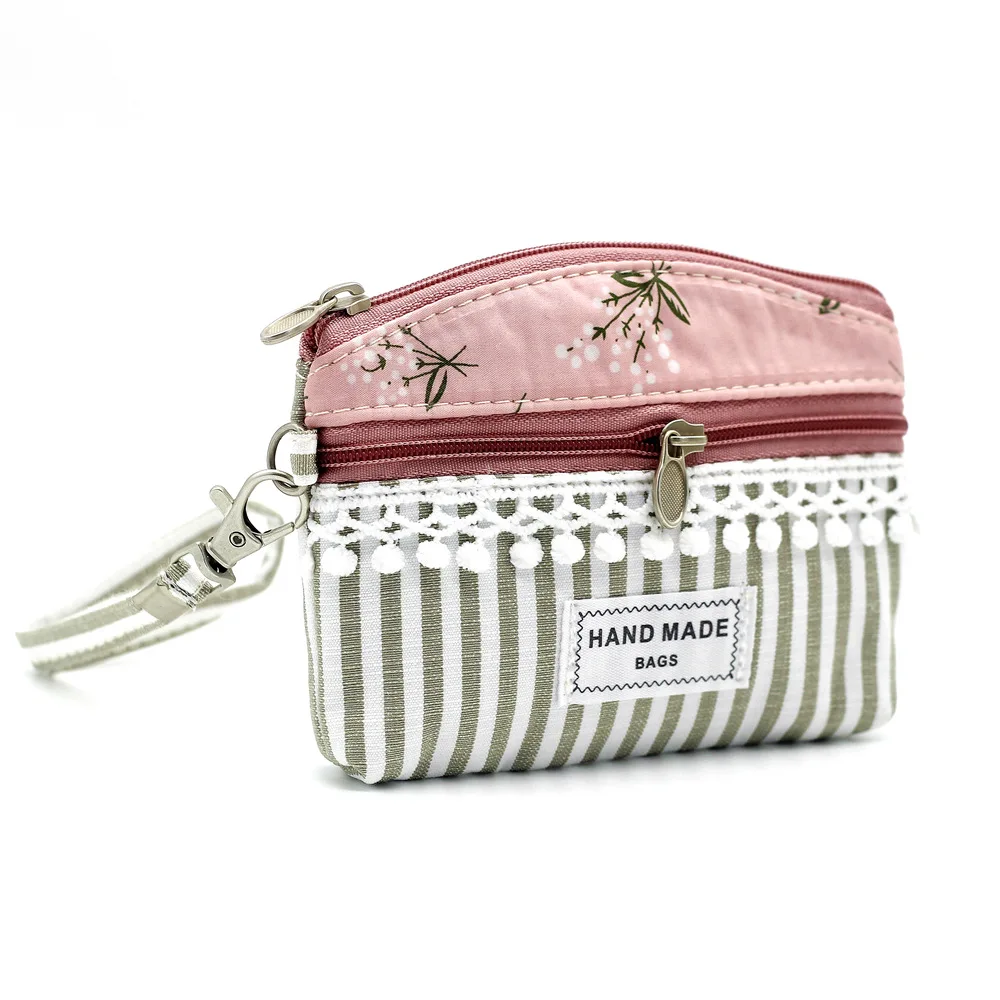 Cotton Women Floral Striped Coin Purse Female Wallet Small Card Organizer Pouch Ladies Money Clutch Bag 2024 for Children Girls