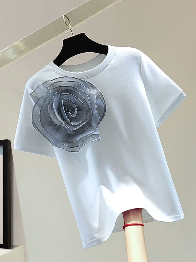 

Flowers Contrast Color Straight T-shirt Woman 2024 Summer Korean Style Loose Cotton Tshirt Casual Round Neck Top