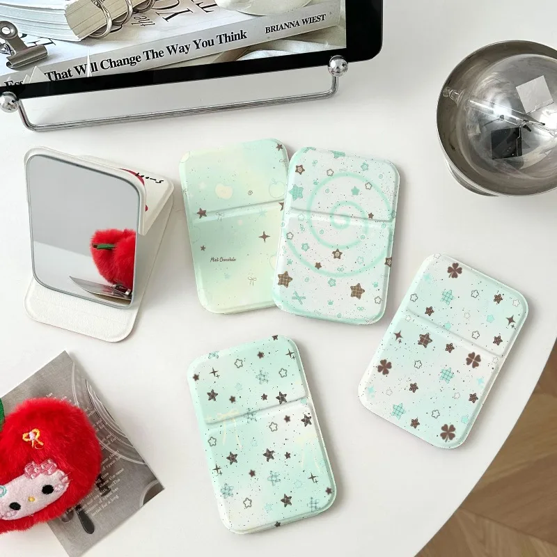 Thin Portable Double-sided Makeup Mirror Featuring Green Star Clover and Plaid Bow Design Cute Ins Folding Compact Mirror Ideal
