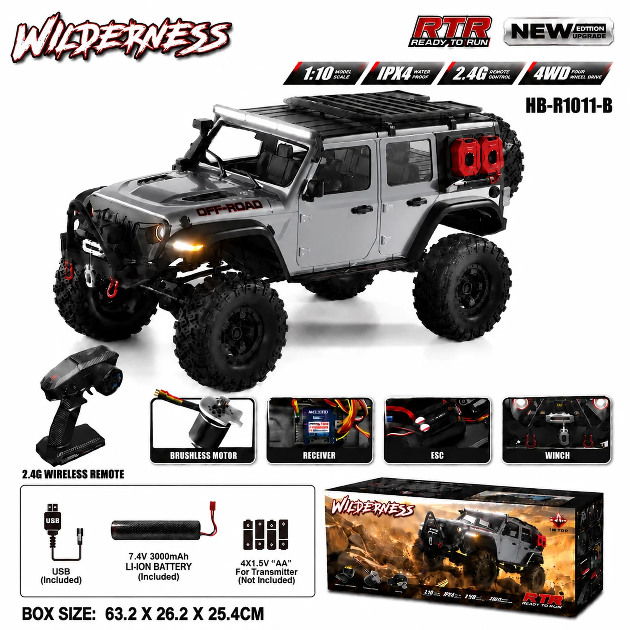 Upgrade 1/10 Brushless RC Crawler HB RTR R1011 2.4G Remote Control Rock Vehicle 4WD Off-Road Climbing Truck with LED Light