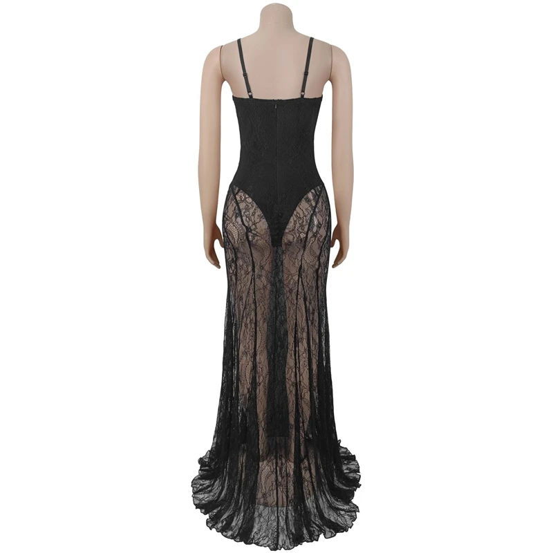 Stylish Lady Black Lace Maxi Dress 2025 Autumn Women Spaghetti Strap Backless See ThroughSolid Sexy Club Party Long Dresses