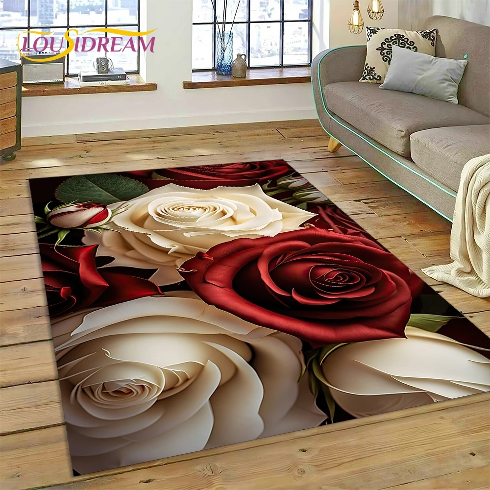 Rose Flowers Nordic Love Romantic Rug Carpet for Living Room Bedroom Home Decor,Floor Mat Non-slip Decoration for Sofa  Doormat