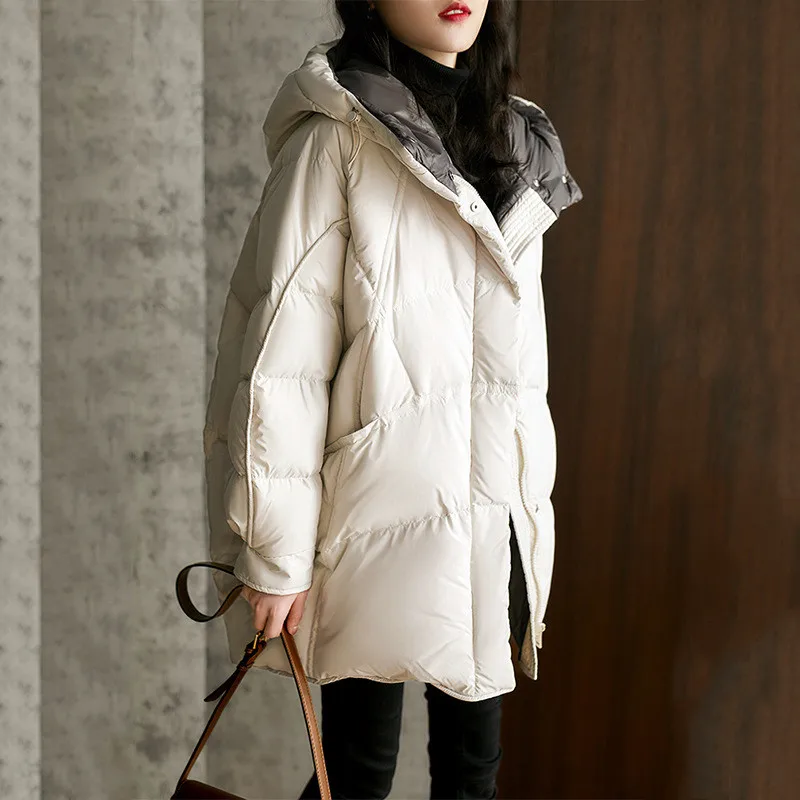 Oversize Down Coat Autumn Winter Women Warm Thick White Duck Down Jacket Ladies Midi Long Hooded Cocoon Shaped Parkas Outwears