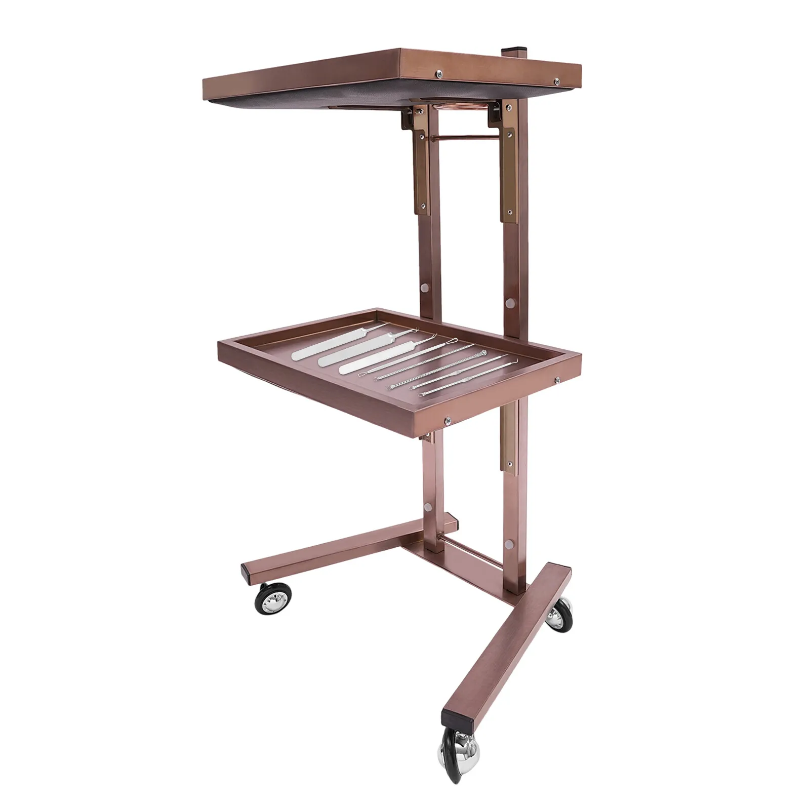 عربة تصفيف الشعر الأنيقة ذات طبقتين، عربة صالون باللون الذهبي الوردي، عربة دوارة من الفولاذ المقاوم للصدأ مع صواني و4 عجلات