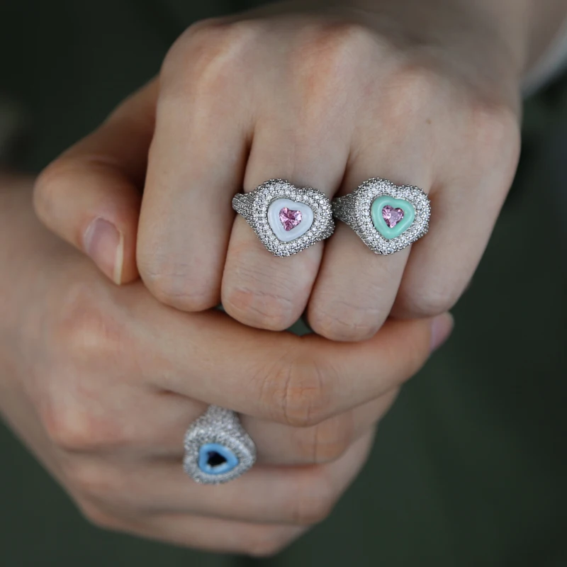 Pink Blue CZ Heart Stones Enamel Rings Luxury Bling Iced Out Zirconia Ring for Women Silver Color Fashion Jewelry for Party