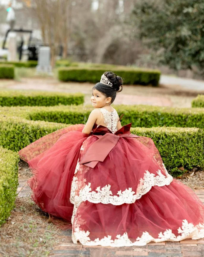 Customized  Red Mini Quinceanera Dresses Mexican Prom Dresses Tulle Floral Girls Gowns Wedding Pageant Dresses Kids Baby