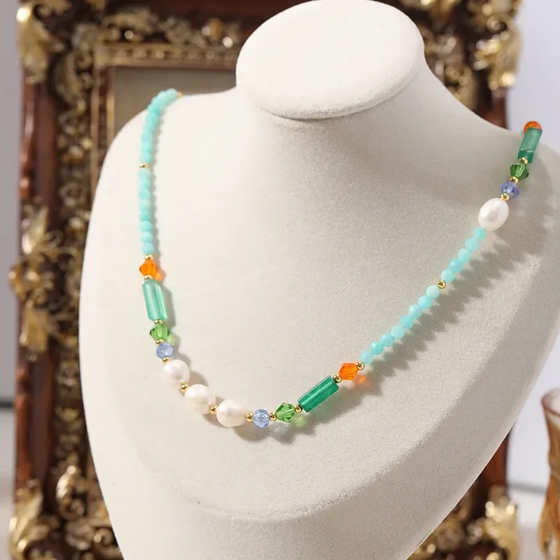 Natural freshwater pearl necklace light luxury niche unique dopamine color spinel beaded long necklace jewelry