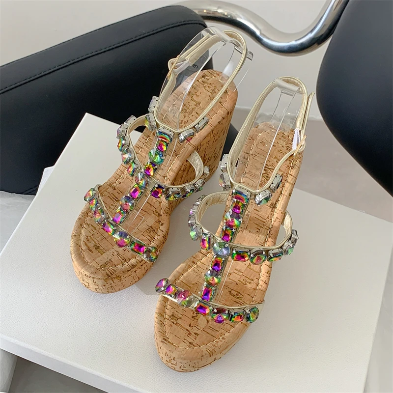 Eilyken Fashion Wood Grain Platform Wedges High Heels Woman Sandals CRYSTAL Buckle Strap Casual Ladies Summer Shoes