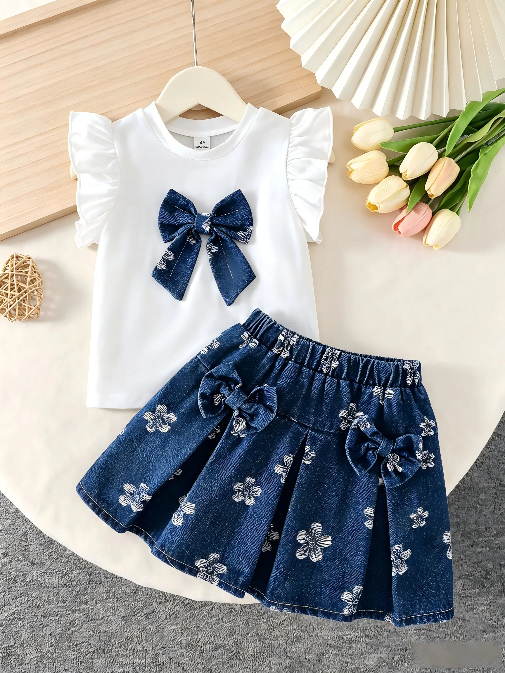 Toddler Girl 2Pcs Summer Outfit Ruffle Fly Sleeve Top Floral Print Denim Skirt With Big Bow Kids Clothes Set