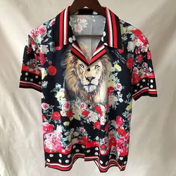 Avrupa aslan çiçek baskı gömlek Streetwear Hip Hop moda Aloha tropikal üst Hawaiian plaj gömlek Camisa çiçek Masculina